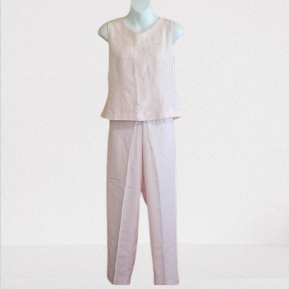 NWT Vtg Women's Halmode 2pc Pants Suit Pink Embroidered Flowers Size 6 Petites